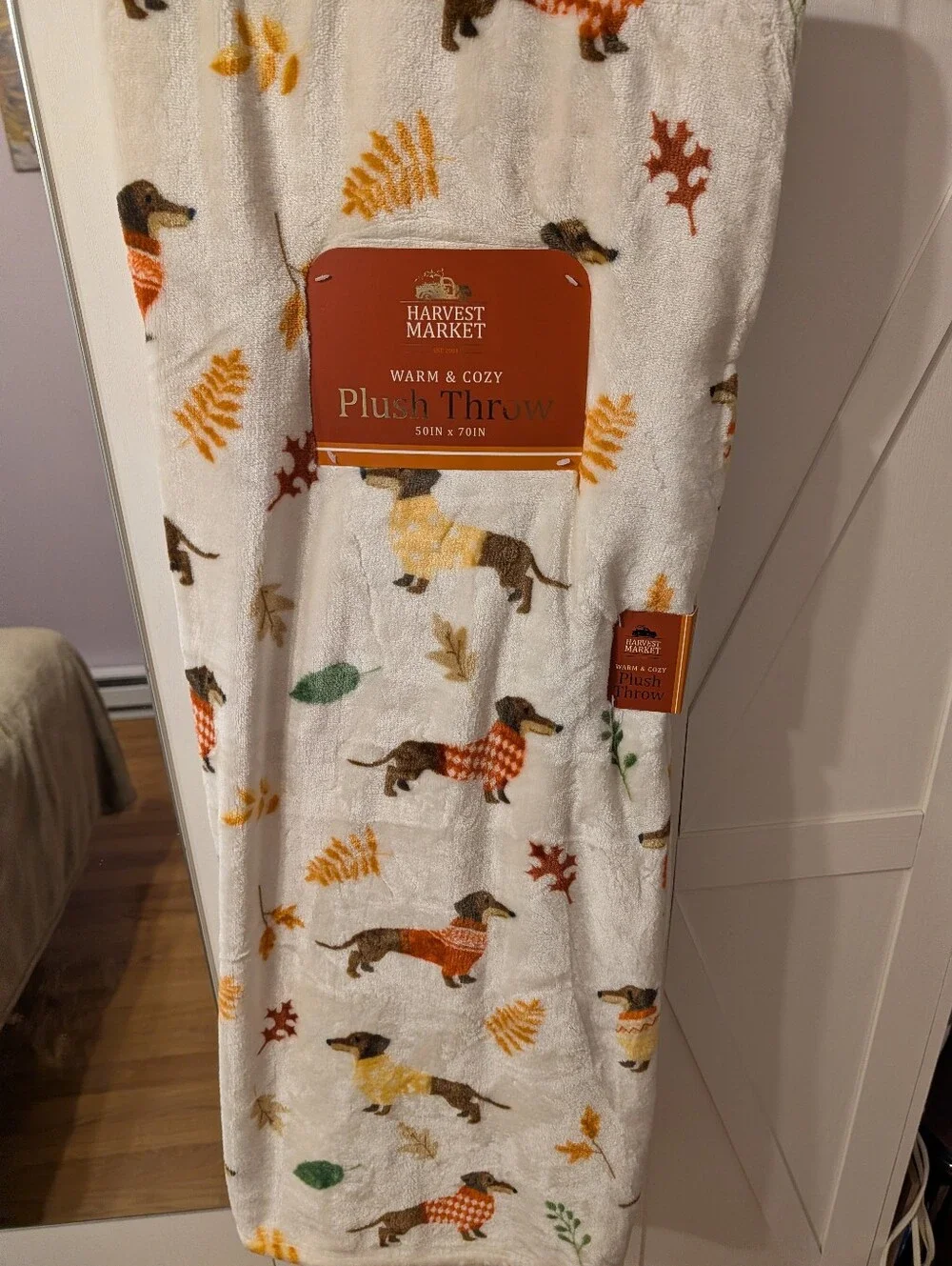 Plush Throw Blanket - Cream with Brown & Orange Dachshunds